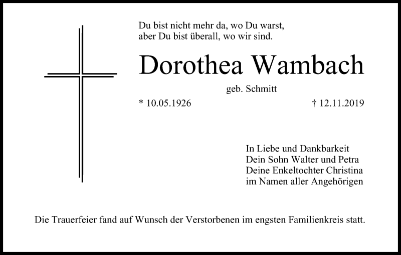  Traueranzeige für Dorothea Wambach vom 30.11.2019 aus MGO