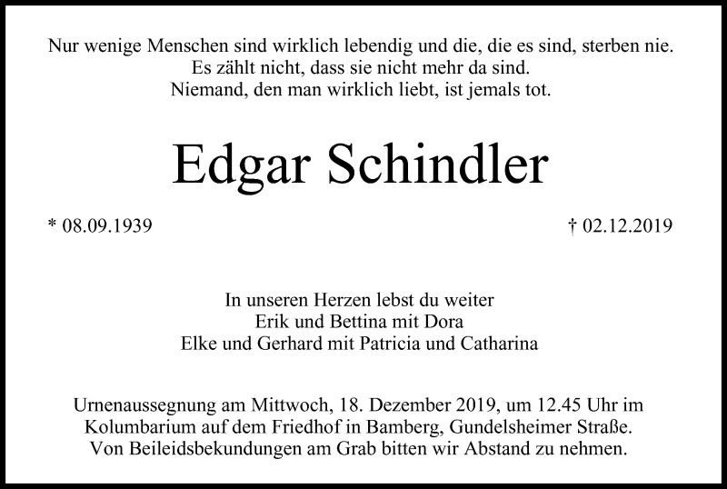  Traueranzeige für Edgar Schindler vom 14.12.2019 aus MGO