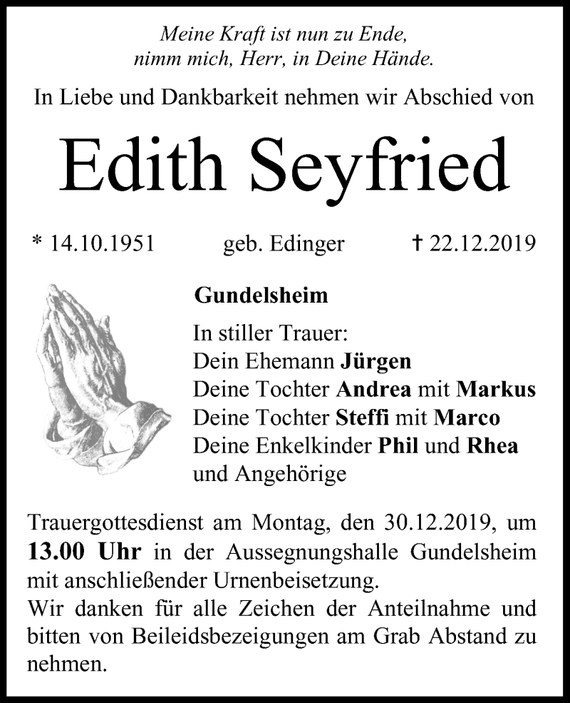  Traueranzeige für Edith Seyfried vom 28.12.2019 aus MGO