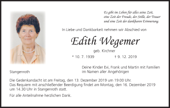 Anzeige von Edith Wegemer von MGO