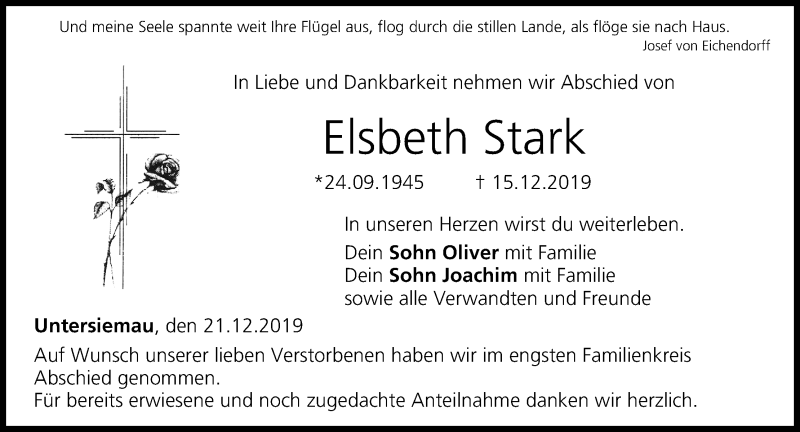  Traueranzeige für Elsbeth Stark vom 21.12.2019 aus MGO