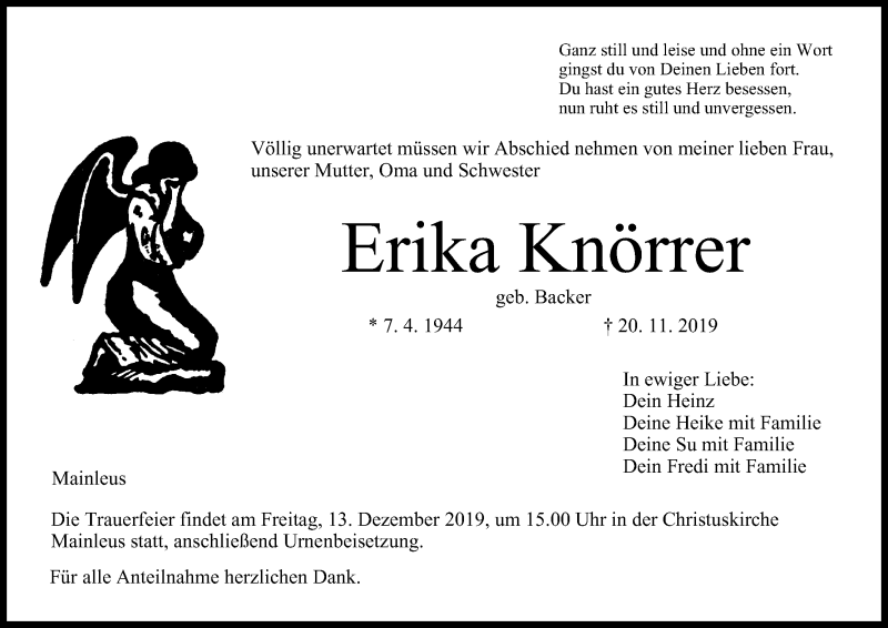  Traueranzeige für Erika Knörrer vom 12.12.2019 aus MGO