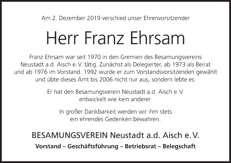  Traueranzeige für Franz Ehrsam vom 06.12.2019 aus MGO