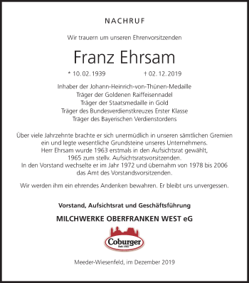 Anzeige von Franz Ehrsam von MGO