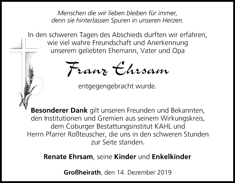  Traueranzeige für Franz Ehrsam vom 14.12.2019 aus MGO
