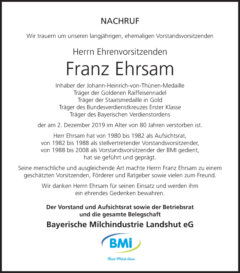  Traueranzeige für Franz Ehrsam vom 07.12.2019 aus MGO
