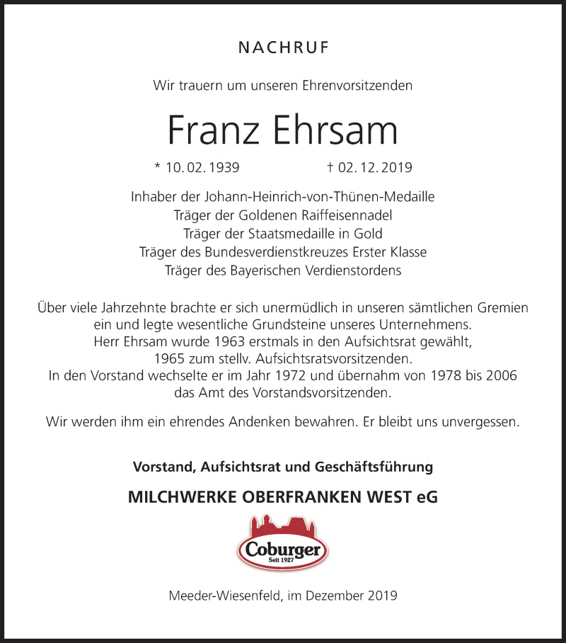  Traueranzeige für Franz Ehrsam vom 07.12.2019 aus MGO