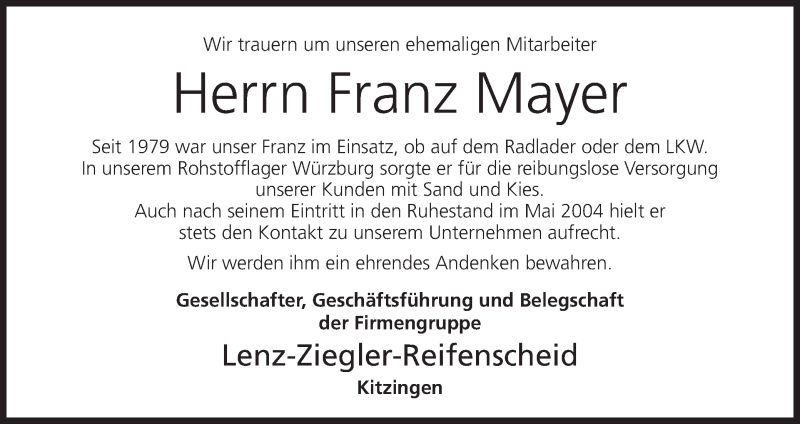  Traueranzeige für Franz Mayer vom 04.12.2019 aus MGO