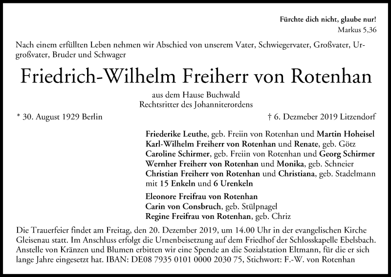  Traueranzeige für Friedrich-Wilhelm Wilhelm von Rotenhan vom 14.12.2019 aus MGO