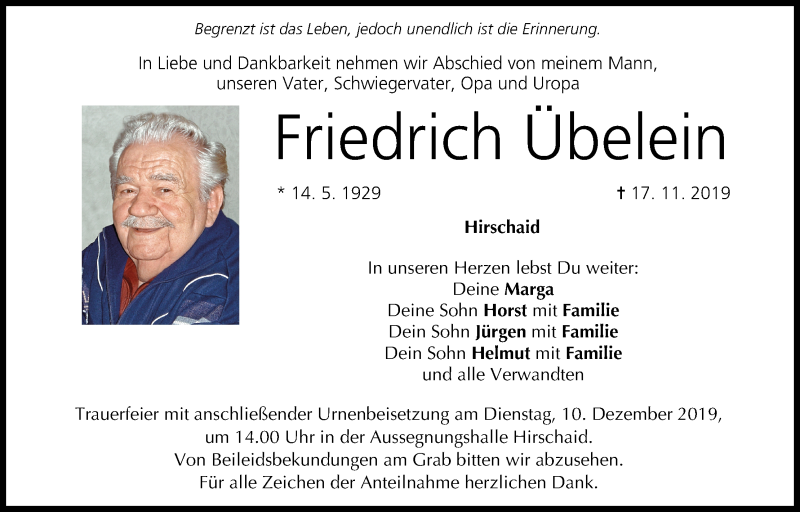  Traueranzeige für Friedrich Übelein vom 07.12.2019 aus MGO