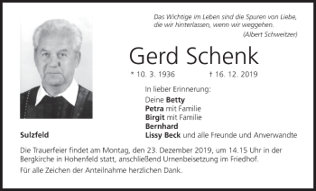 Anzeige von Gerd Schenk von MGO