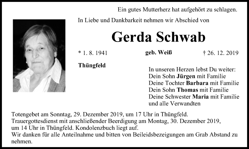  Traueranzeige für Gerda Schwab vom 28.12.2019 aus MGO