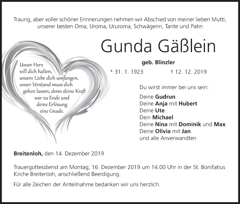  Traueranzeige für Gunda Gäßlein vom 14.12.2019 aus MGO