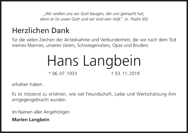  Traueranzeige für Hans Langbein vom 04.12.2019 aus MGO