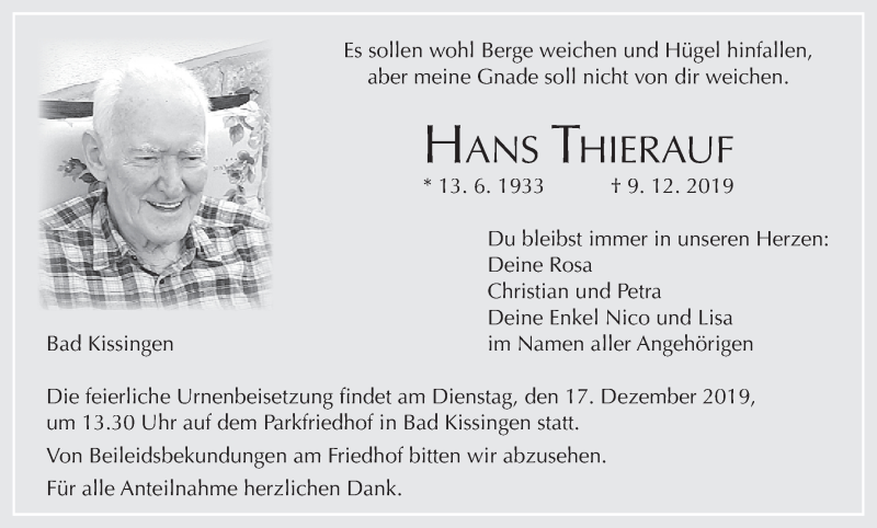  Traueranzeige für Hans Thierauf vom 14.12.2019 aus MGO
