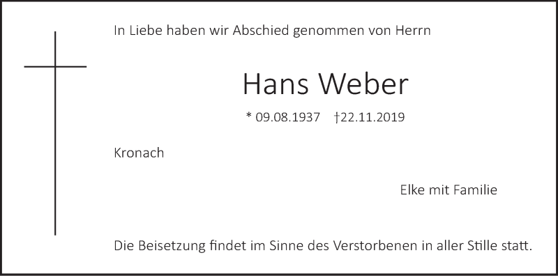  Traueranzeige für Hans Weber vom 30.11.2019 aus MGO