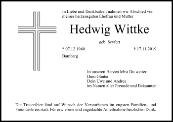 Anzeige von Hedwig Wittke von MGO