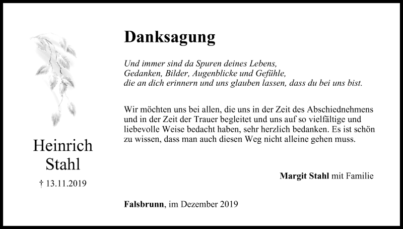  Traueranzeige für Heinrich Stahl vom 07.12.2019 aus MGO