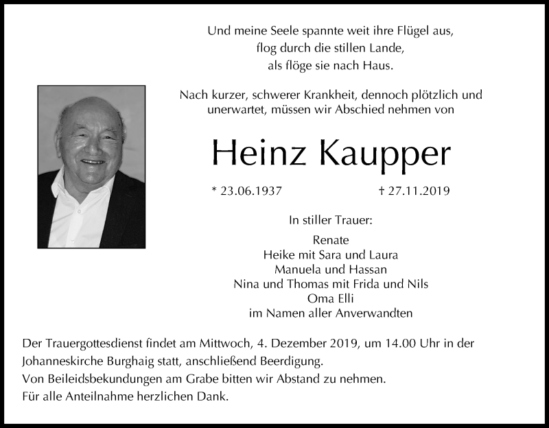  Traueranzeige für Heinz Kaupper vom 30.11.2019 aus MGO