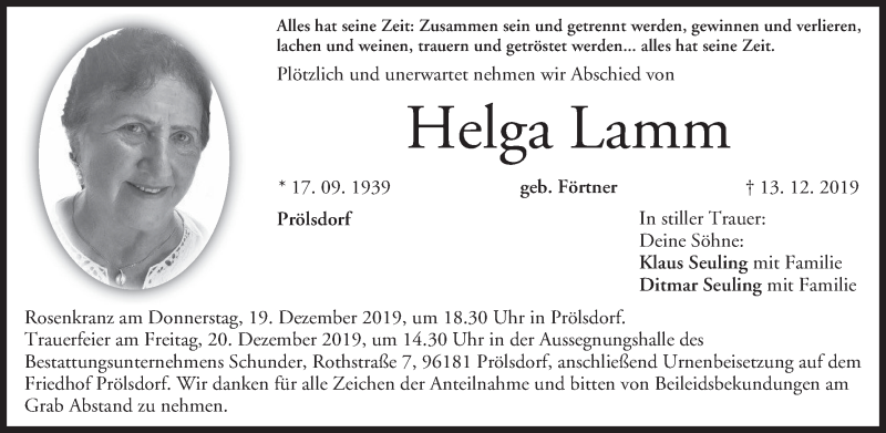  Traueranzeige für Helga Lamm vom 16.12.2019 aus MGO