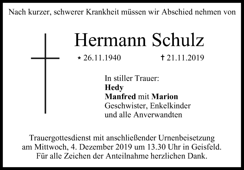  Traueranzeige für Hermann Schulz vom 30.11.2019 aus MGO