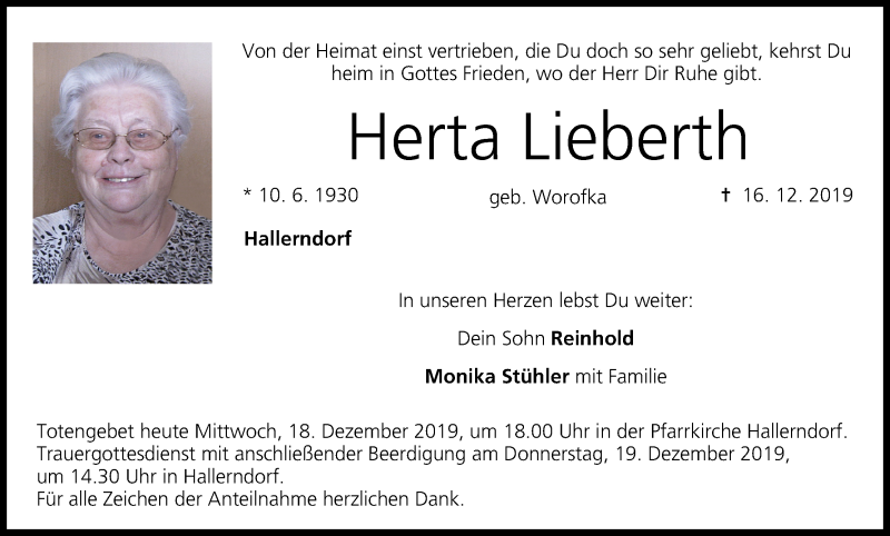  Traueranzeige für Herta Lieberth vom 18.12.2019 aus MGO