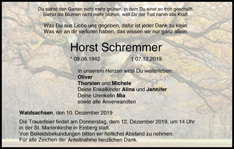  Traueranzeige für Horst Schremmer vom 10.12.2019 aus MGO