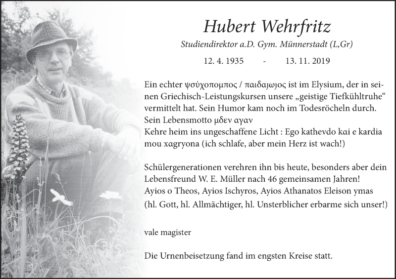  Traueranzeige für Hubert Wehrfritz vom 30.11.2019 aus MGO