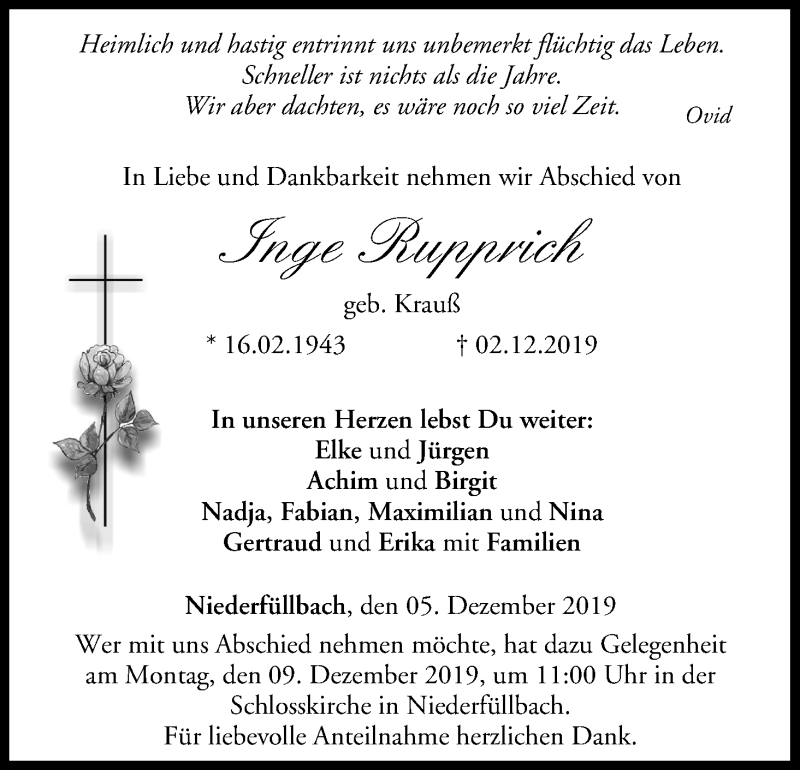  Traueranzeige für Inge Rupprich vom 05.12.2019 aus MGO