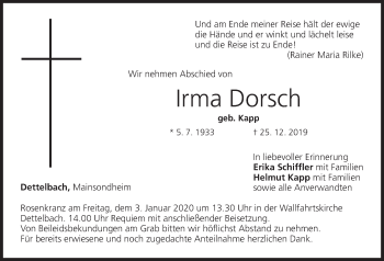Anzeige von Irma Dorsch von MGO