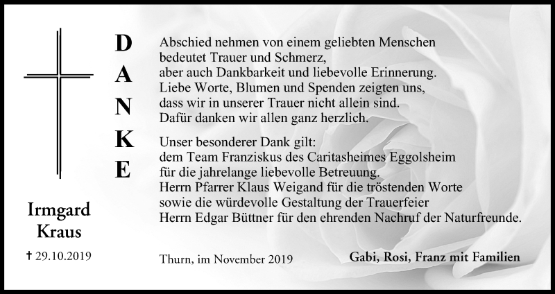  Traueranzeige für Irmgard Kraus vom 30.11.2019 aus MGO