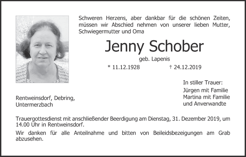  Traueranzeige für Jenny Schober vom 28.12.2019 aus MGO