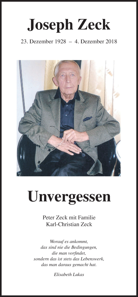 Traueranzeige für Joseph Zeck vom 04.12.2019 aus MGO