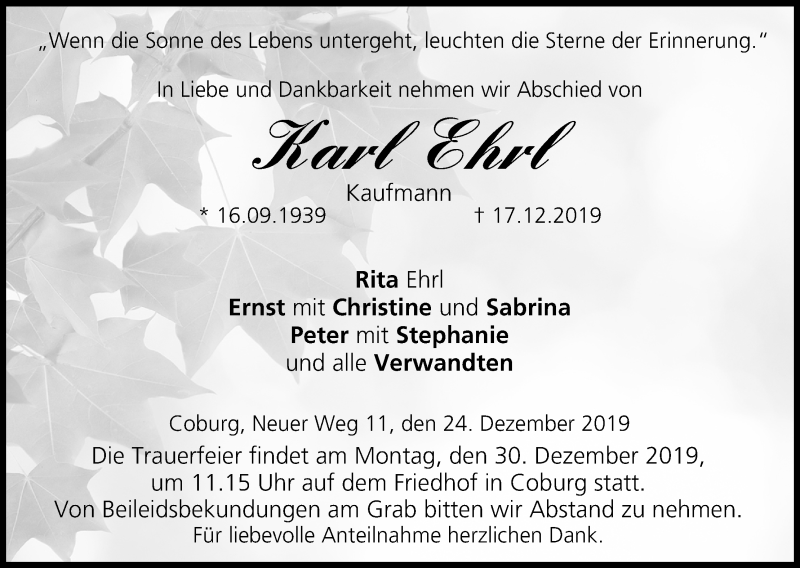  Traueranzeige für Karl Ehrl vom 24.12.2019 aus MGO
