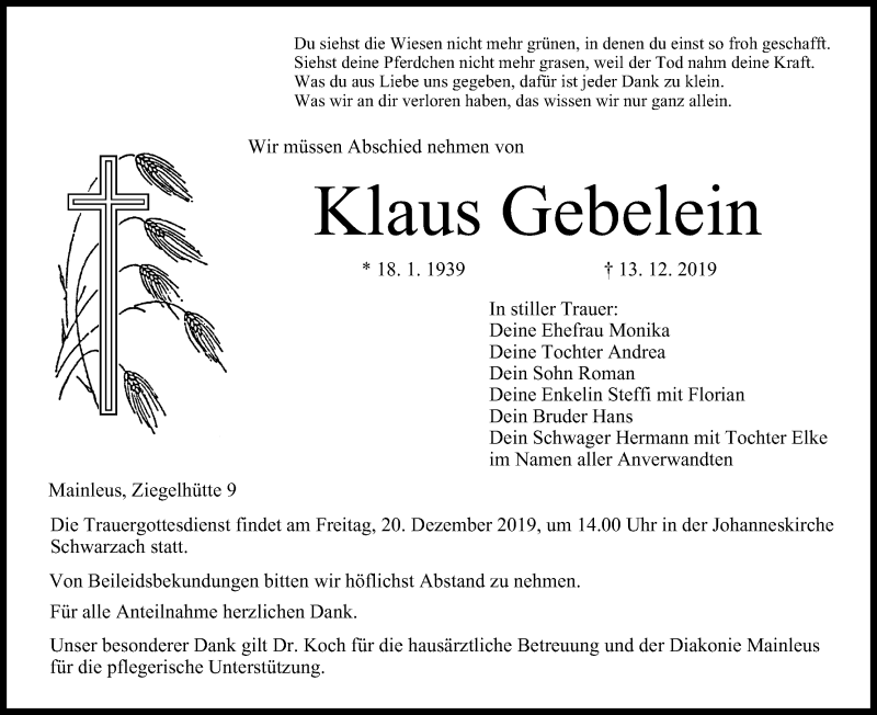  Traueranzeige für Klaus Gebelein vom 18.12.2019 aus MGO