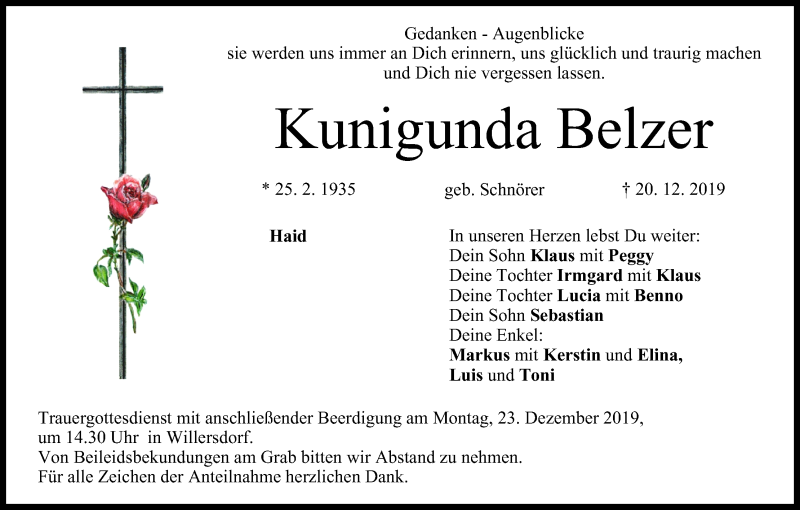  Traueranzeige für Kunigunda Belzer vom 21.12.2019 aus MGO
