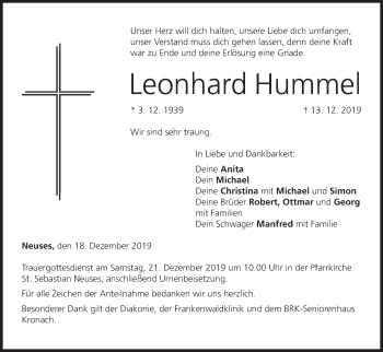 Anzeige von Leonhard Hummel von MGO