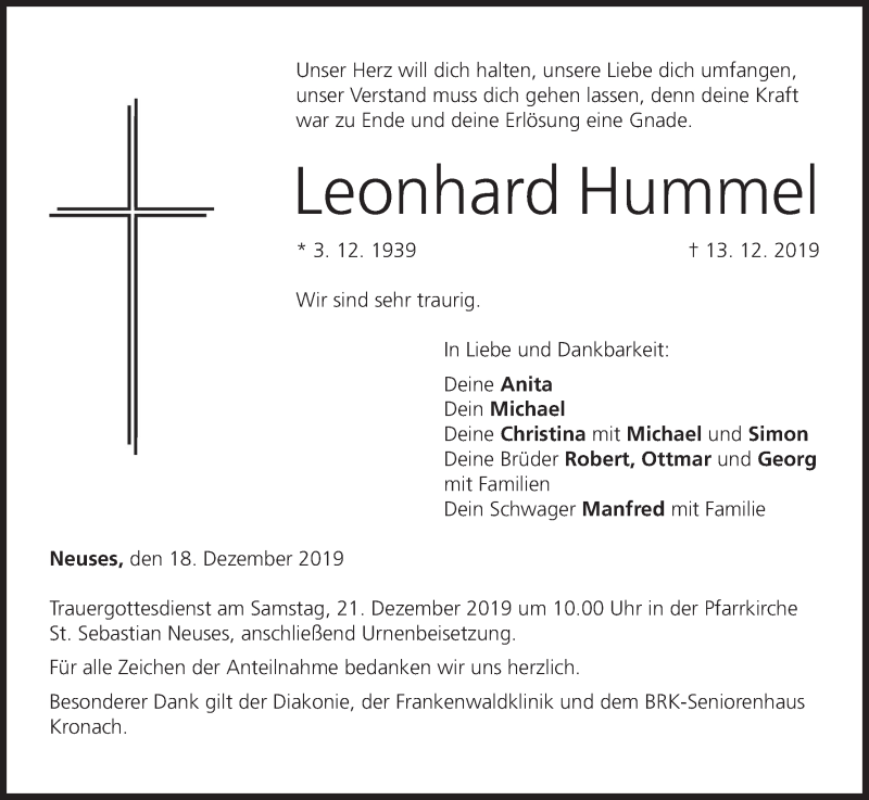  Traueranzeige für Leonhard Hummel vom 18.12.2019 aus MGO