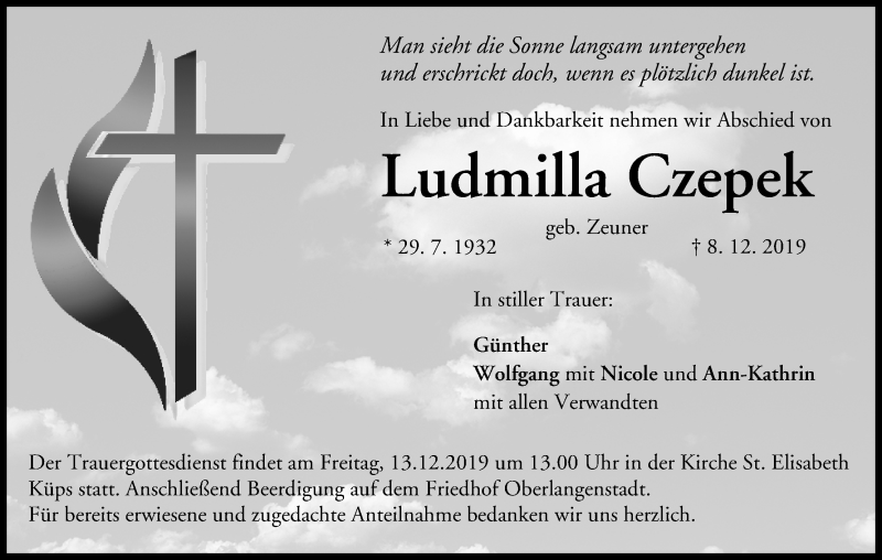  Traueranzeige für Ludmilla Czepek vom 11.12.2019 aus MGO