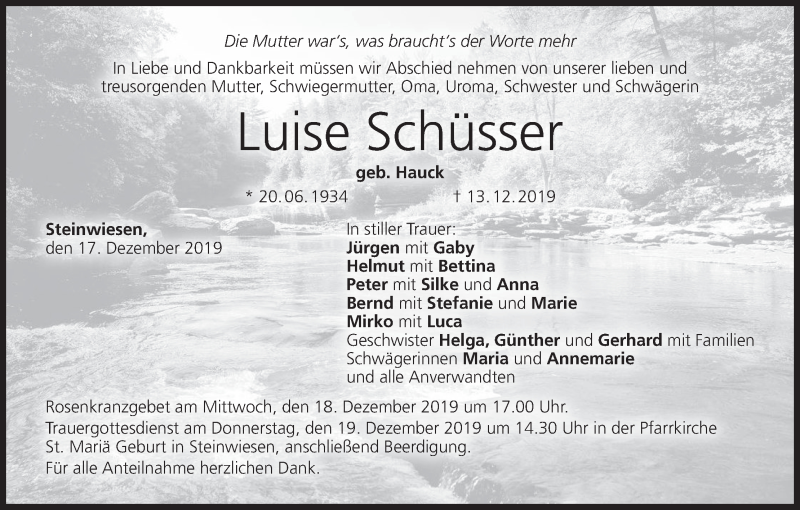  Traueranzeige für Luise Schüsser vom 17.12.2019 aus MGO