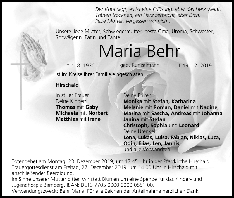  Traueranzeige für Maria Behr vom 21.12.2019 aus MGO