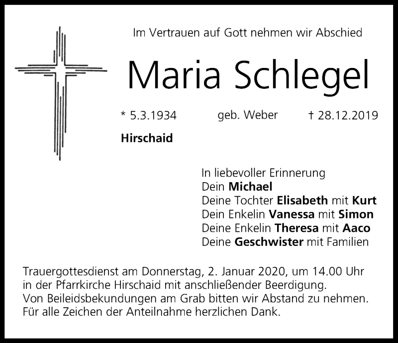  Traueranzeige für Maria Schlegel vom 30.12.2019 aus MGO