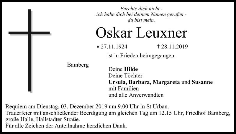  Traueranzeige für Oskar Leuxner vom 30.11.2019 aus MGO