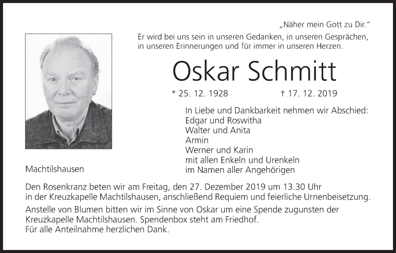  Traueranzeige für Oskar Schmitt vom 21.12.2019 aus MGO