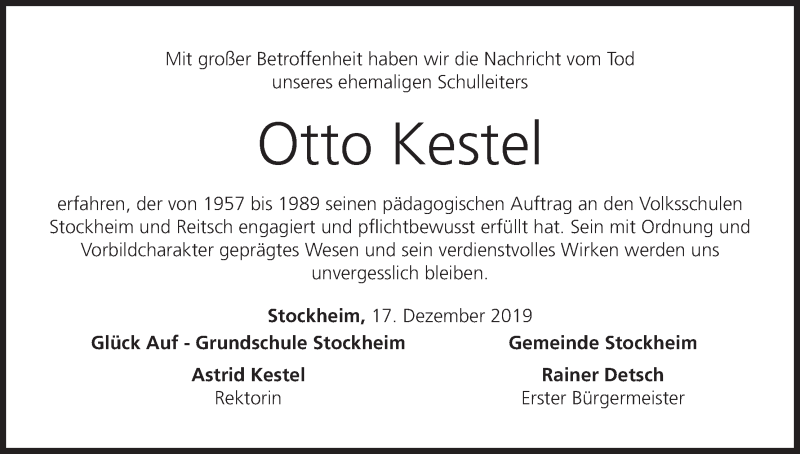 Traueranzeige für Otto Kestel vom 18.12.2019 aus MGO