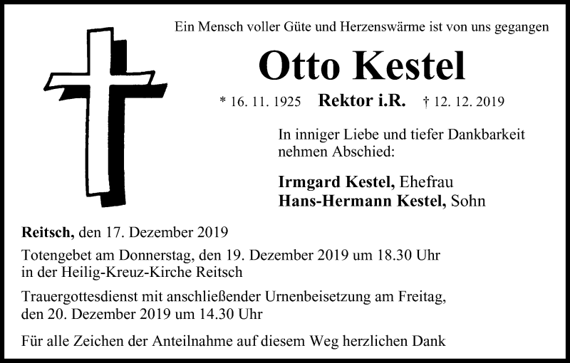  Traueranzeige für Otto Kestel vom 17.12.2019 aus MGO
