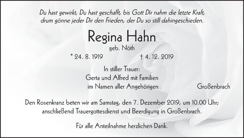  Traueranzeige für Regina Hahn vom 06.12.2019 aus MGO