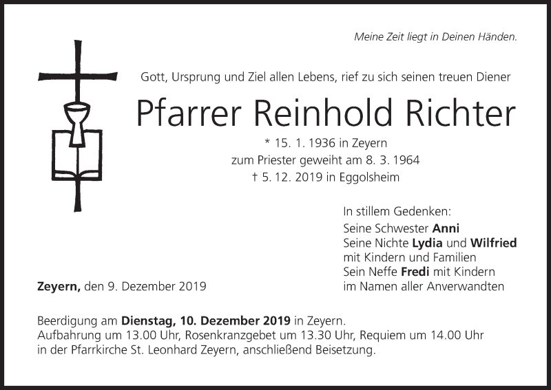  Traueranzeige für Reinhold Richter vom 09.12.2019 aus MGO