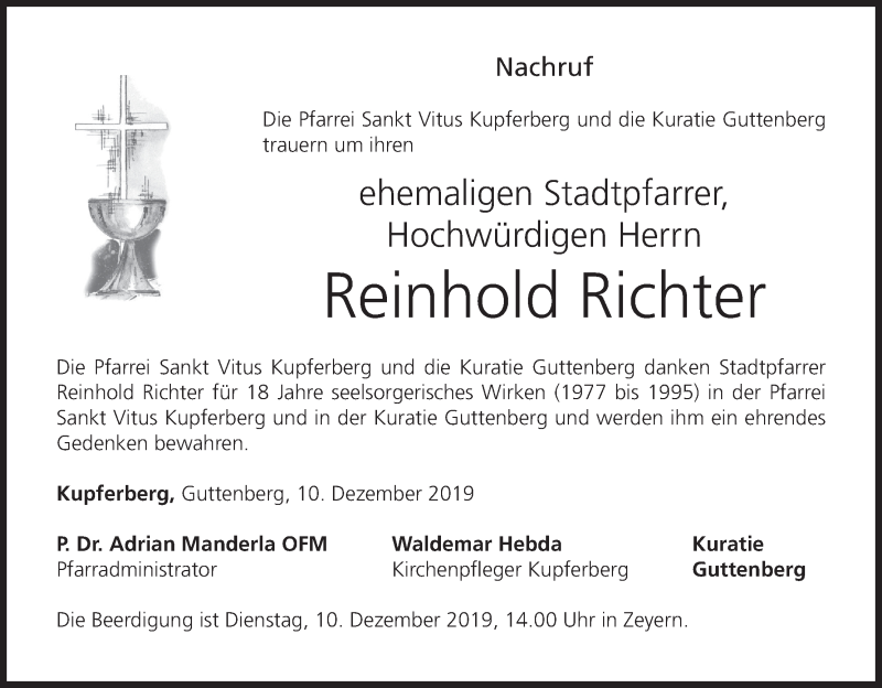 Traueranzeige für Reinhold Richter vom 10.12.2019 aus MGO