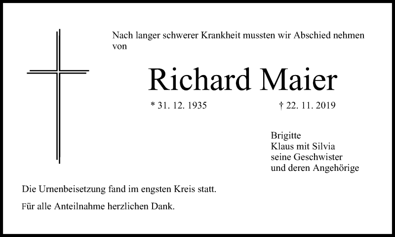  Traueranzeige für Richard Maier vom 14.12.2019 aus MGO